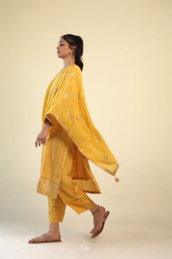 Golden Yellow Straight Suit Set With Floral Weaving And Embroidery