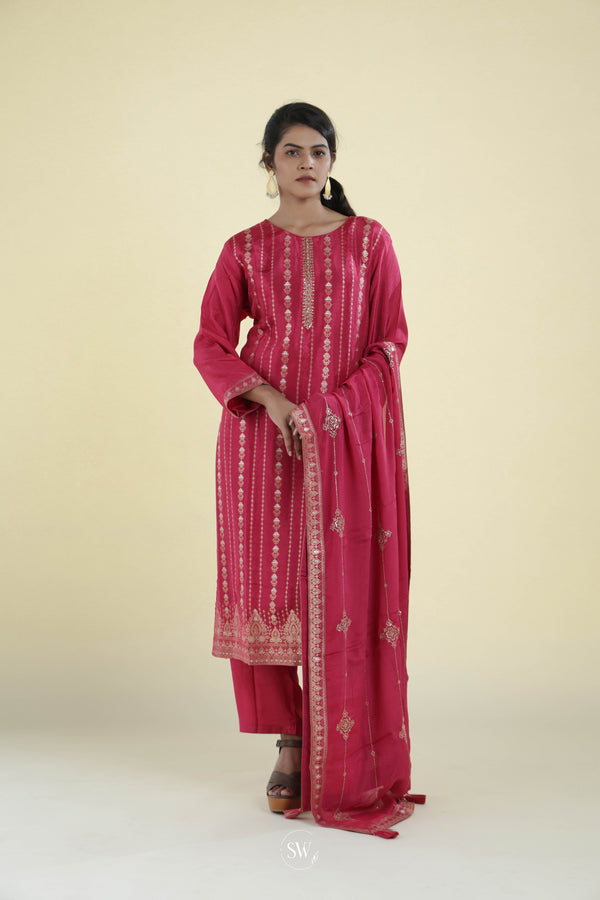 Paradise Pink Straight Suit Set With Hand Embroidery
