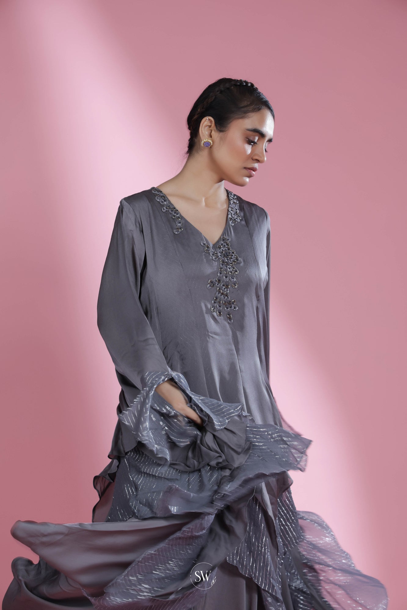 Oxford Grey Indo Western Dress With Hand Embroidery
