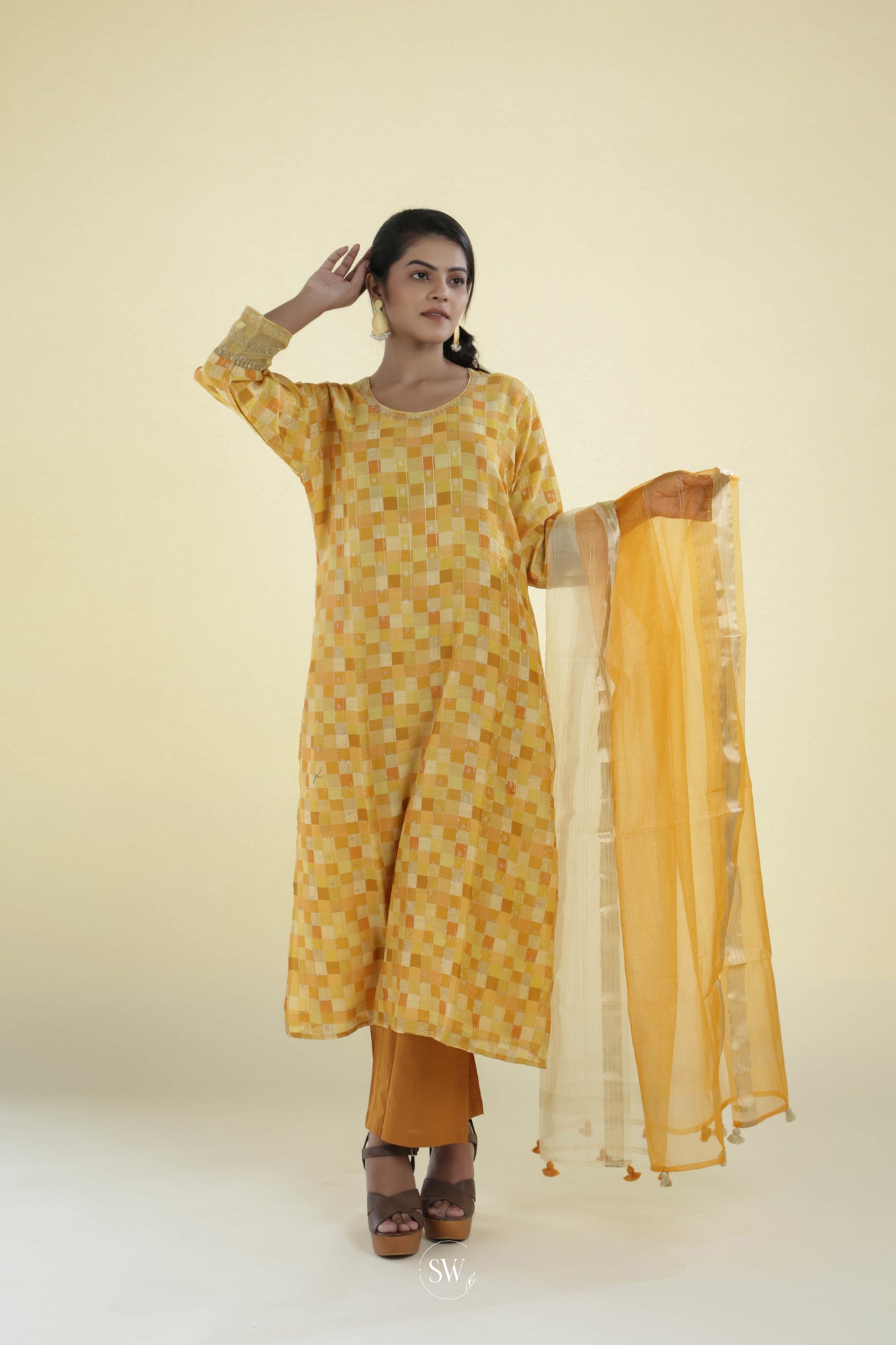 Yellow Multicolour Straight Suit Set With Checks Pattern