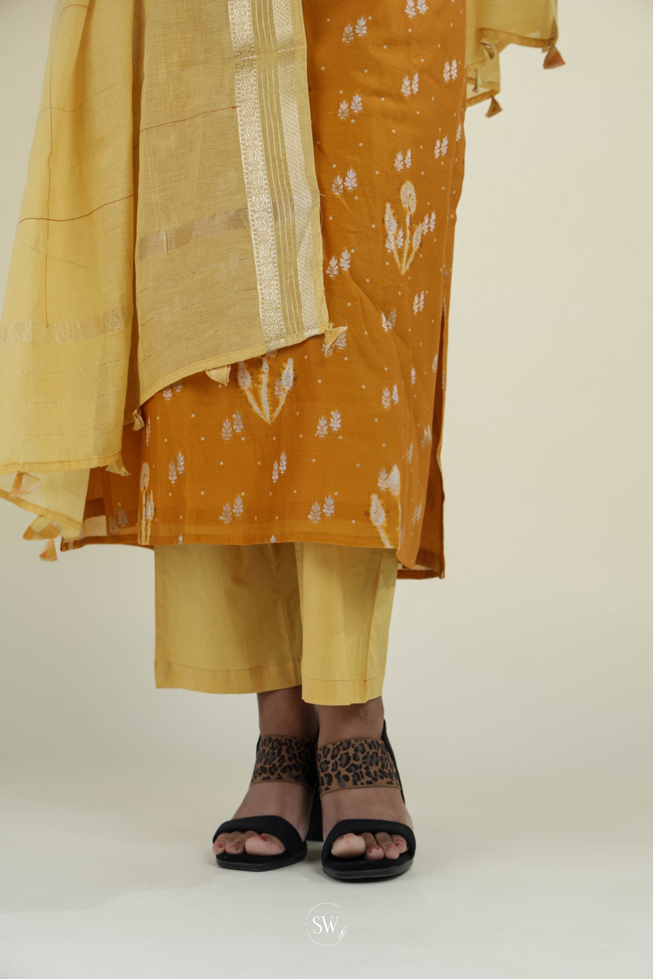 Marigold Orange Straight Suit Set With Floral Weaving