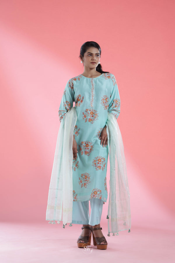 Sky Blue Printed Straight Suit Set With Floral Design