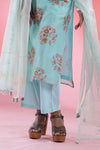 Sky Blue Printed Straight Suit Set With Floral Design