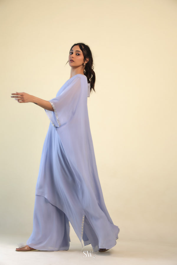Periwinkle Blue Indo Western Dress With Hand Embroidery