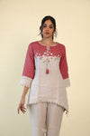 Cream-Red Top And Bottom Casual Set With Hand Embroidery
