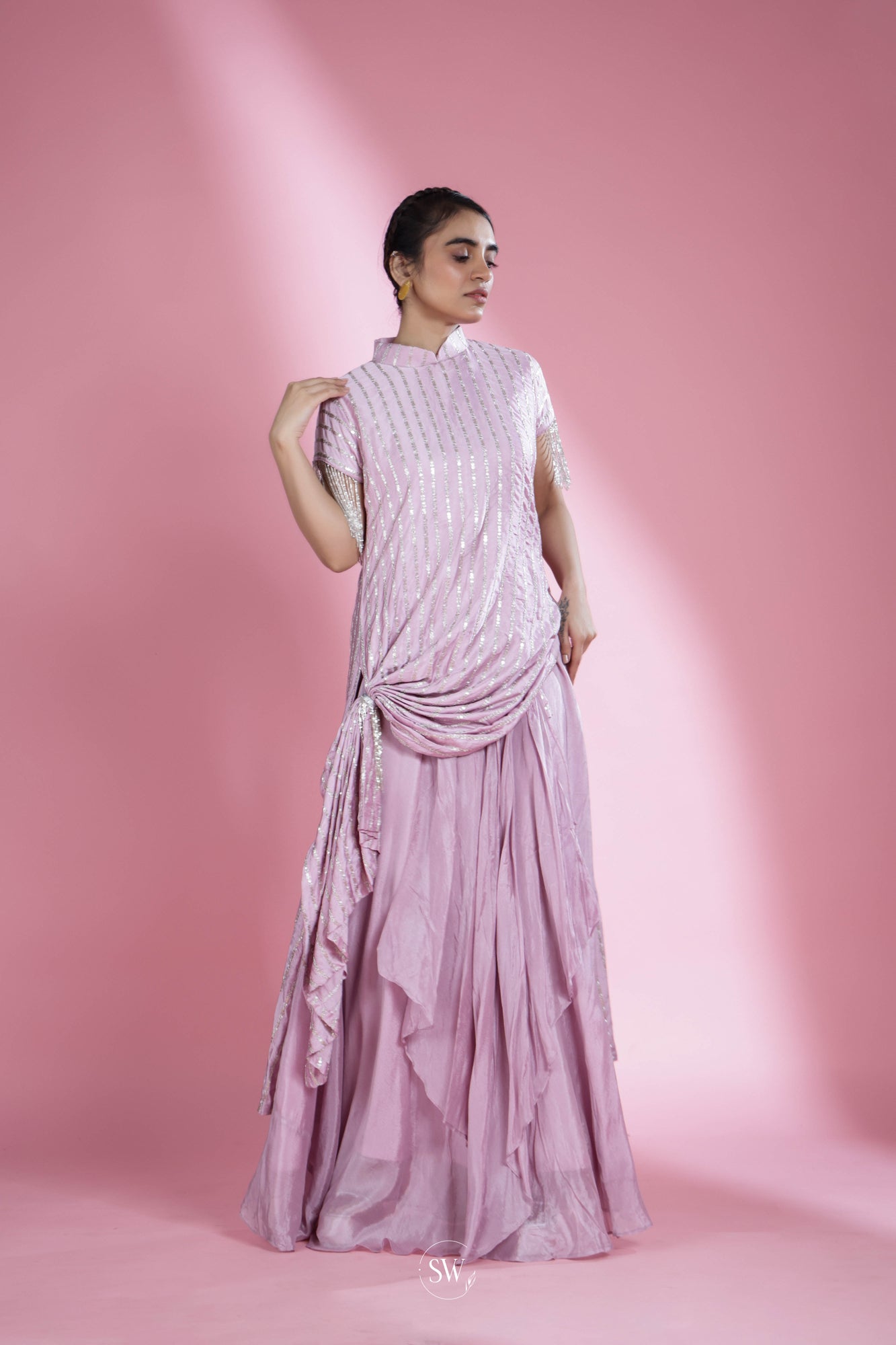Pale Purple Indo Western Dress With Hand Embroidery