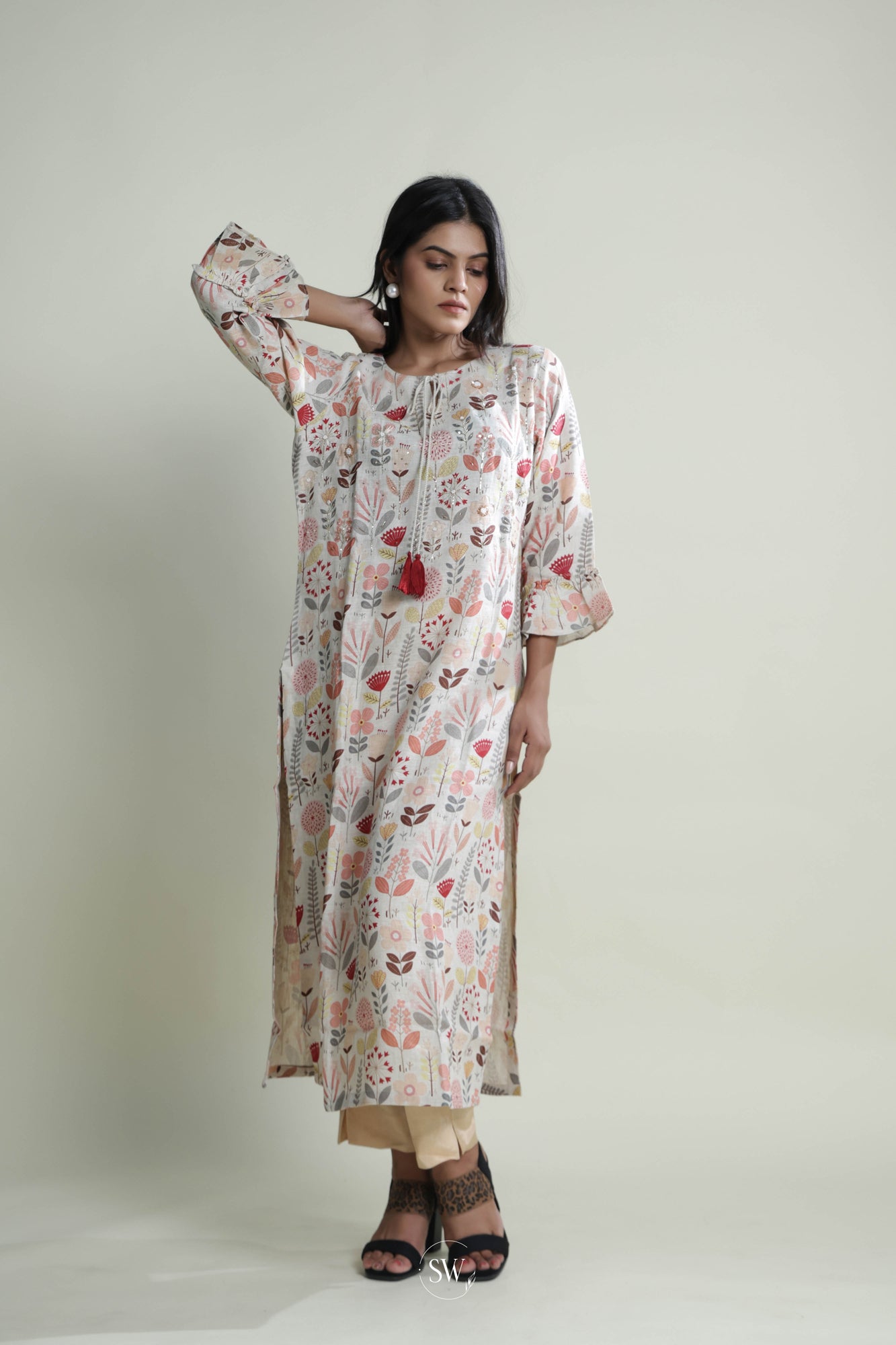 Pearl White Printed Long Dress With Floral Design