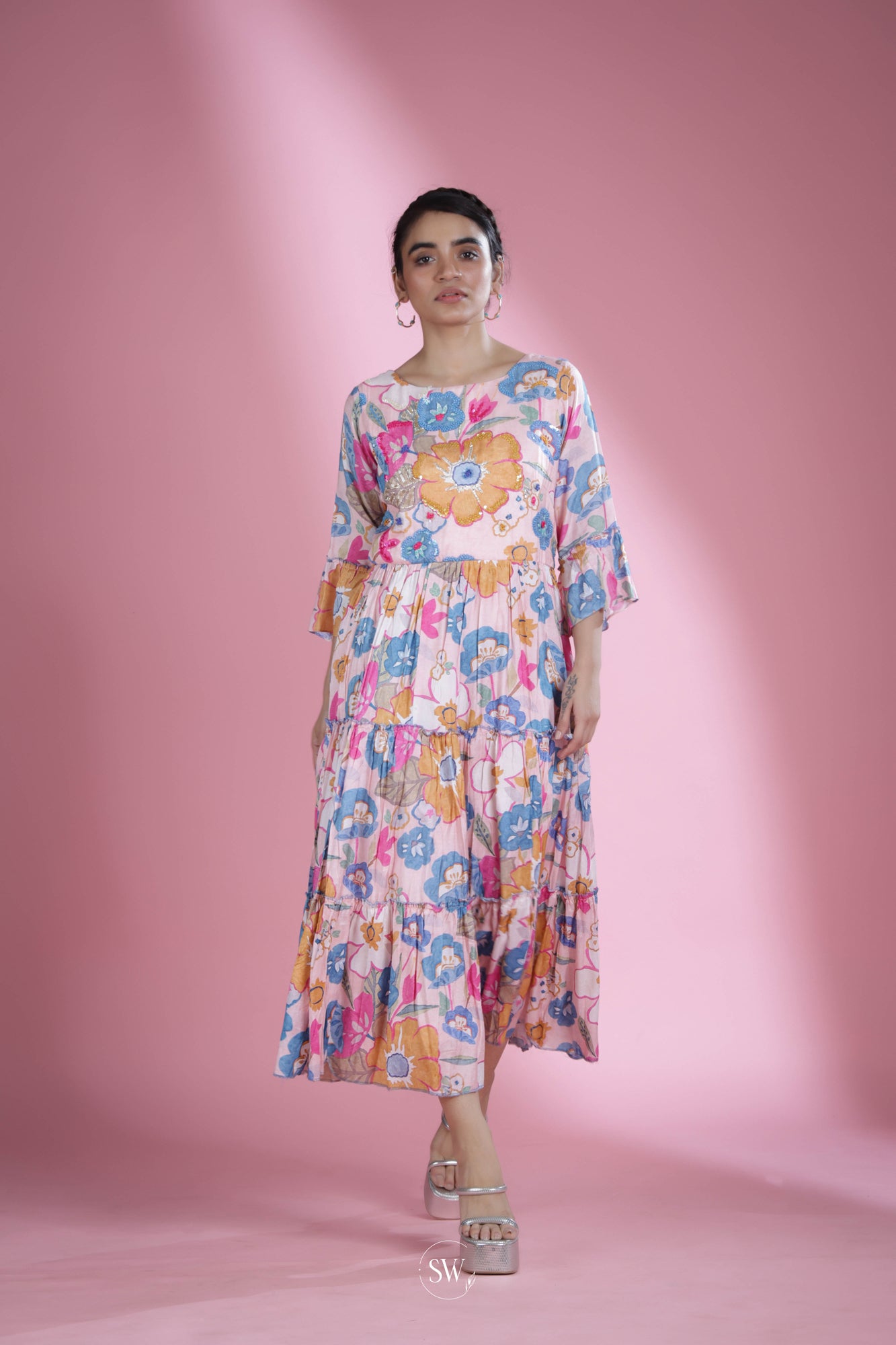 Pale Pink Printed Kurti With Floral Design