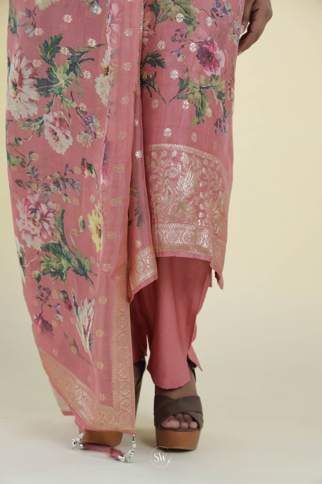 Turkish Rose Pink Straight Suit Set With Floral Weaving