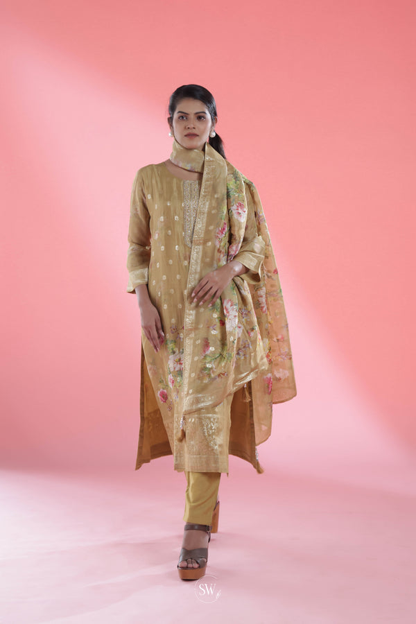 Olive Yellow Printed Straight Suit Set With Floral Design