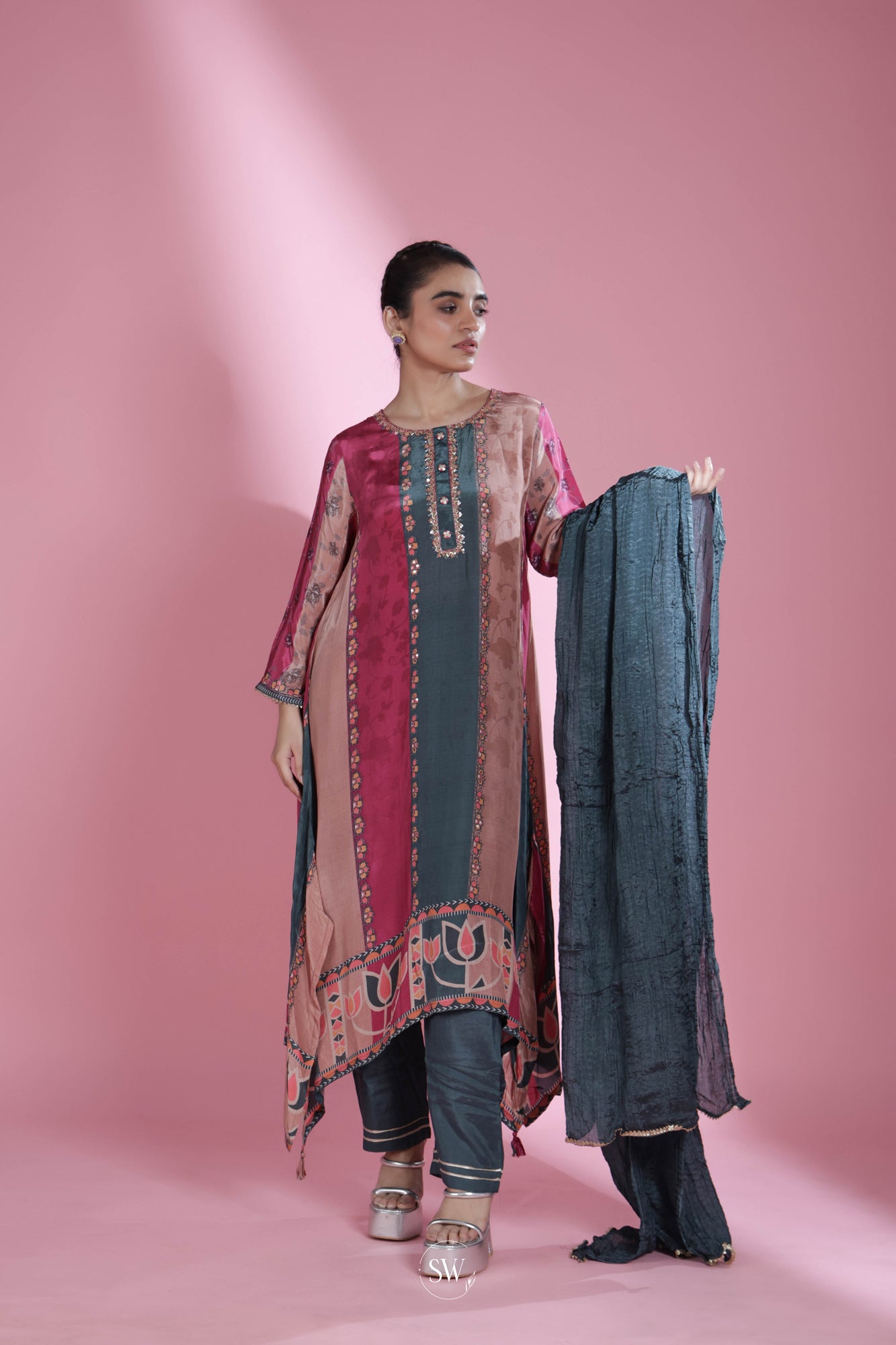 Steel Blue Multicolour Printed Straight Suit Set With Hand Embroidery