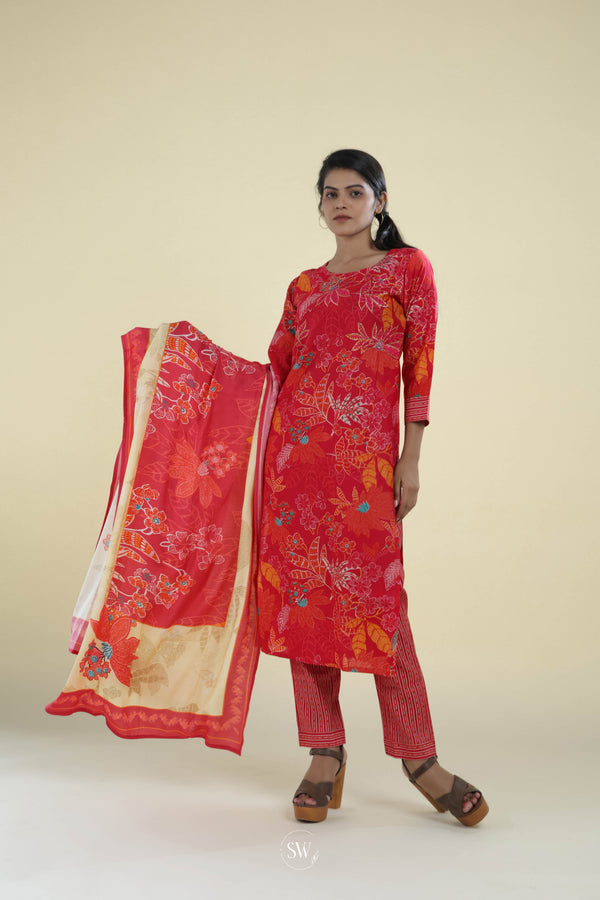 Imperial Red Printed Straight Suit Set With Hand Embroidery