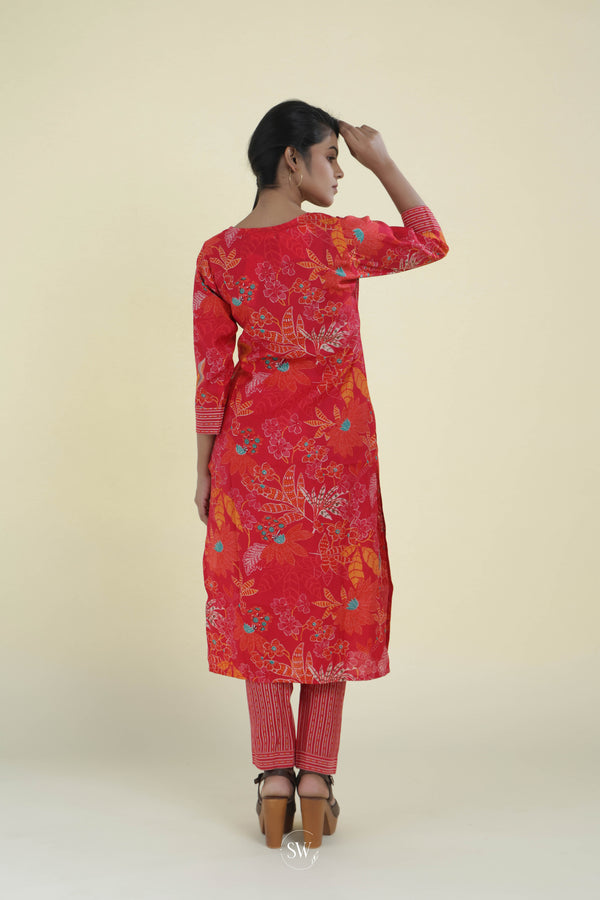 Imperial Red Printed Straight Suit Set With Hand Embroidery