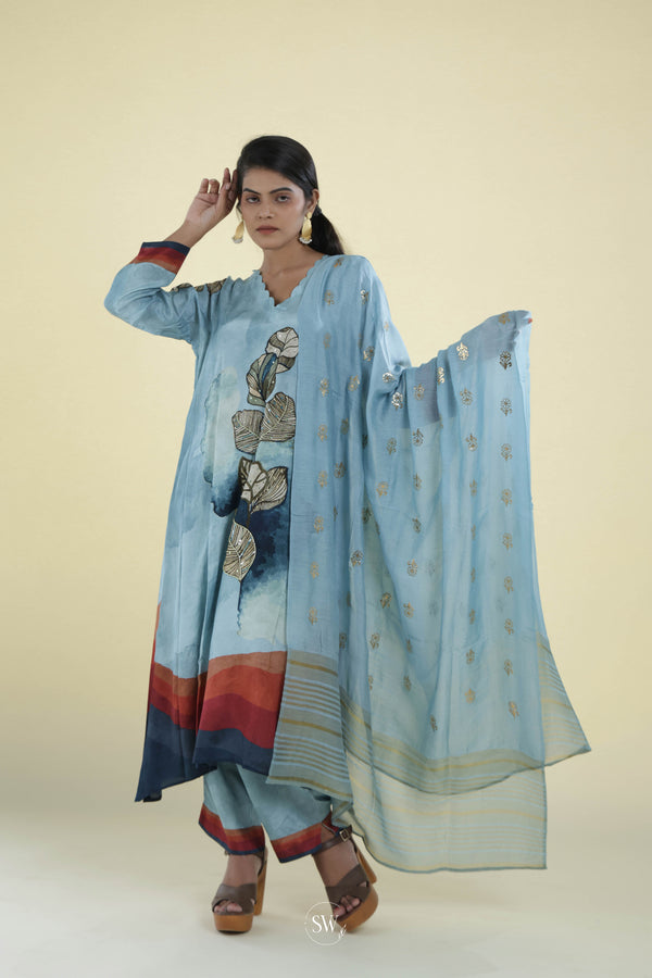 Light Sky Blue Printed Straight Suit Set With Floral Design
