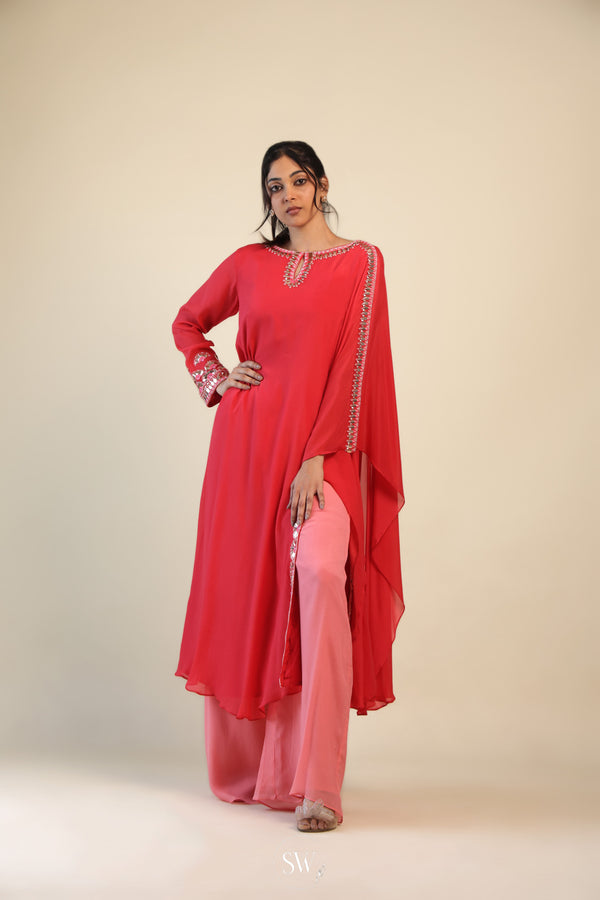 Cardinals Red Indo Western Dress With Hand Embroidery