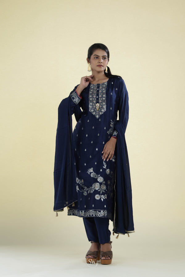 Space Blue Straight Suit Set With Floral Weaving