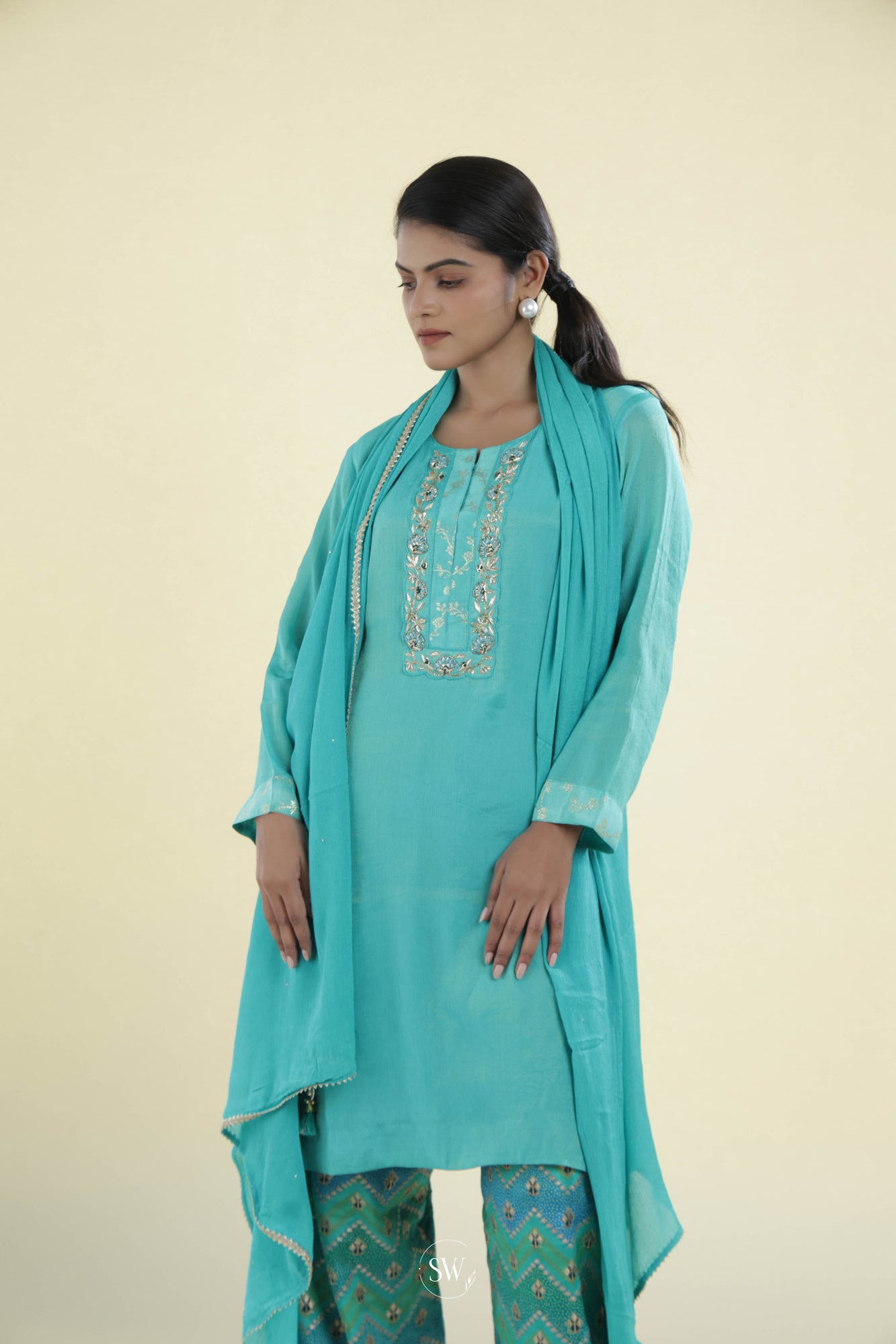 Fluorescent Blue Straight Suit Set With Hand Embroidery
