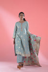 Powder Blue Straight Suit Set With Floral Weaving