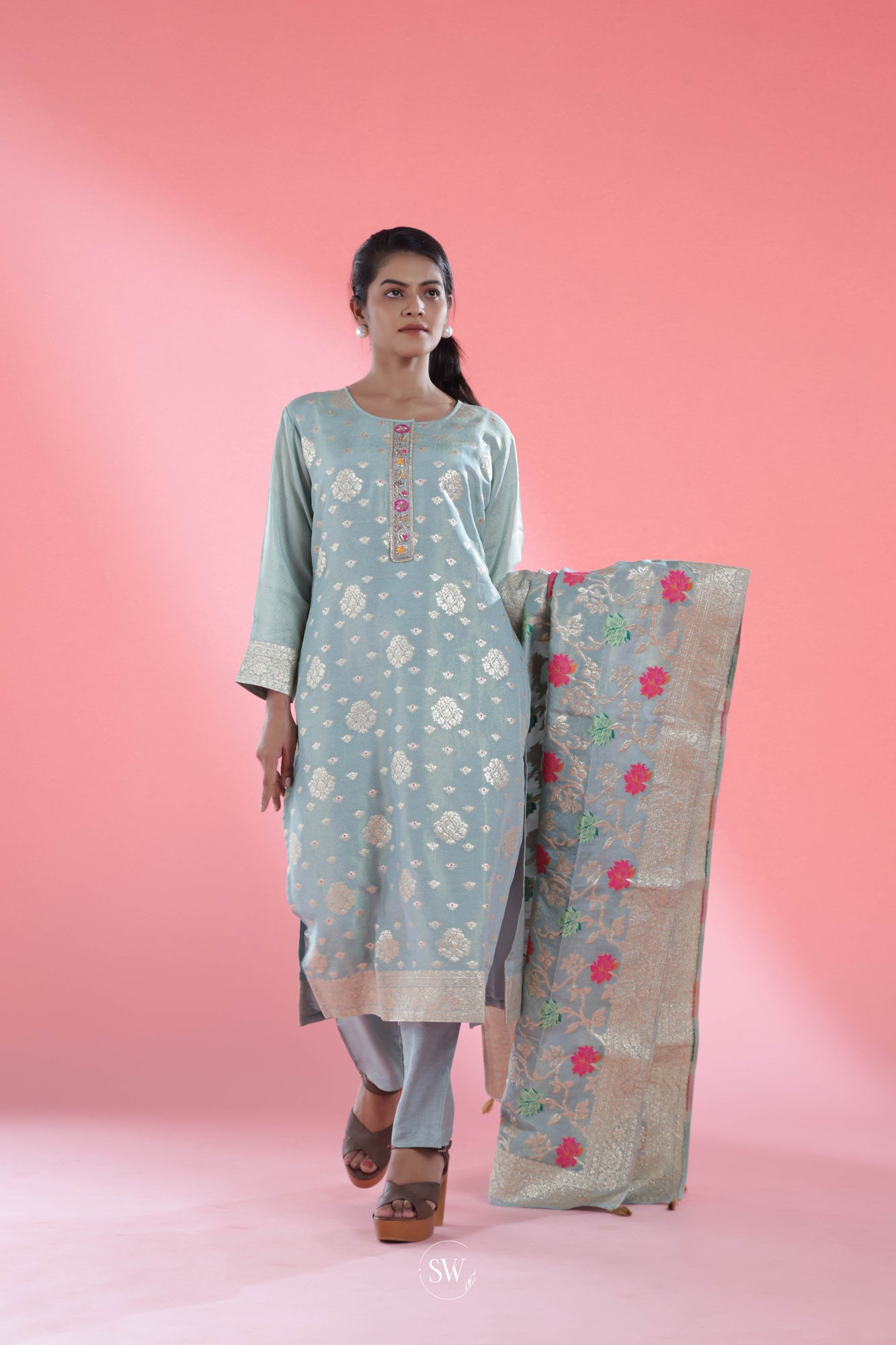 Powder Blue Straight Suit Set With Floral Weaving