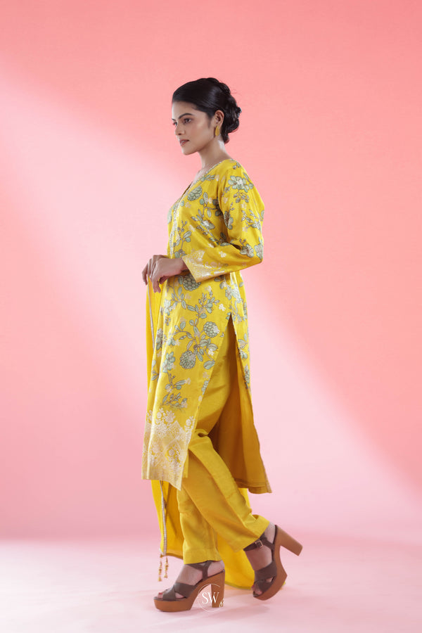 Canary Yellow Straight Suit Set With Floral Weaving