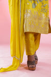 Canary Yellow Straight Suit Set With Floral Weaving