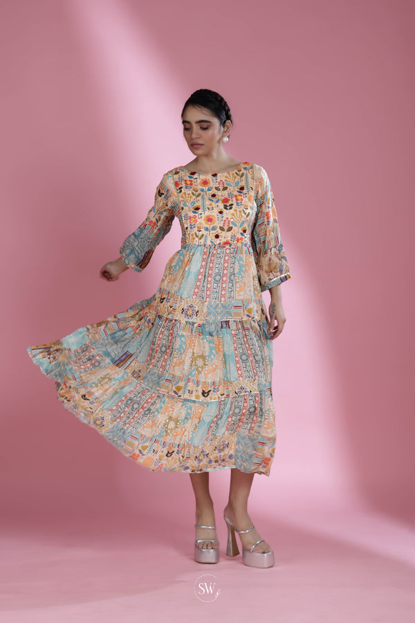 Peach Floral Printed Long Dress With Hand Embroidery