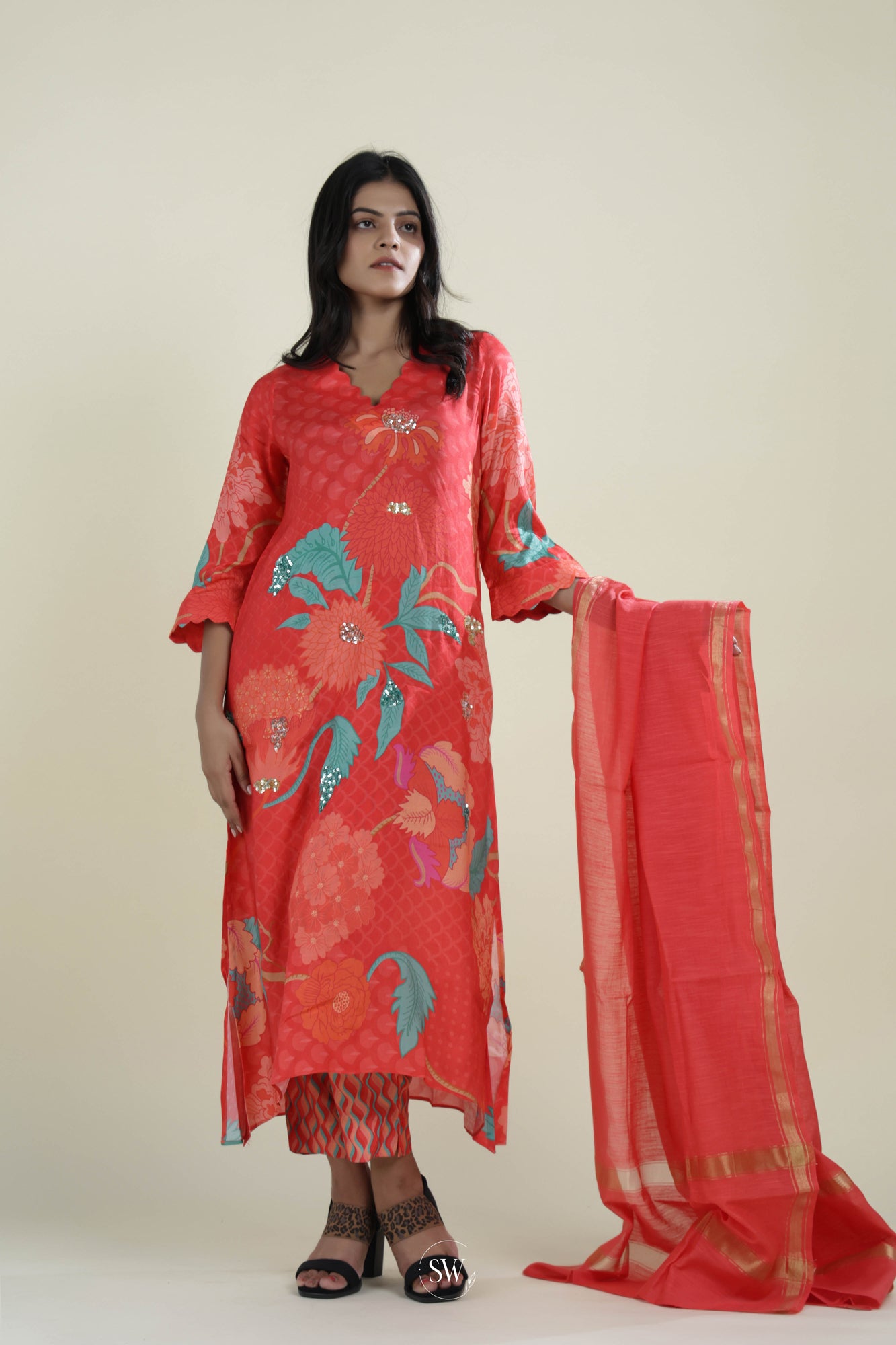 Jasper Red Printed Straight Suit Set With Floral-Abstract Design