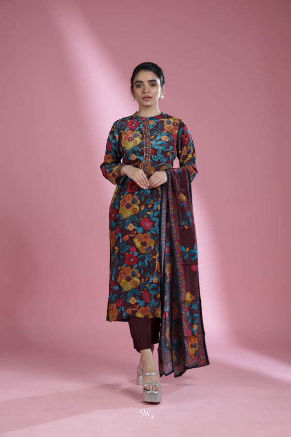 Aubergine Purple Printed Straight Suit Set With Floral Patterns