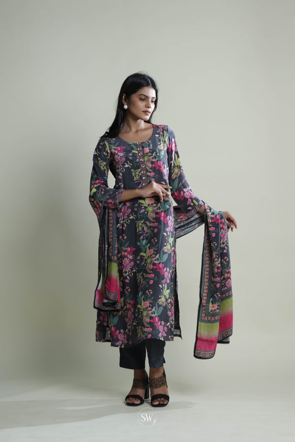Charcoal Black Printed Straight Suit Set With Floral Design
