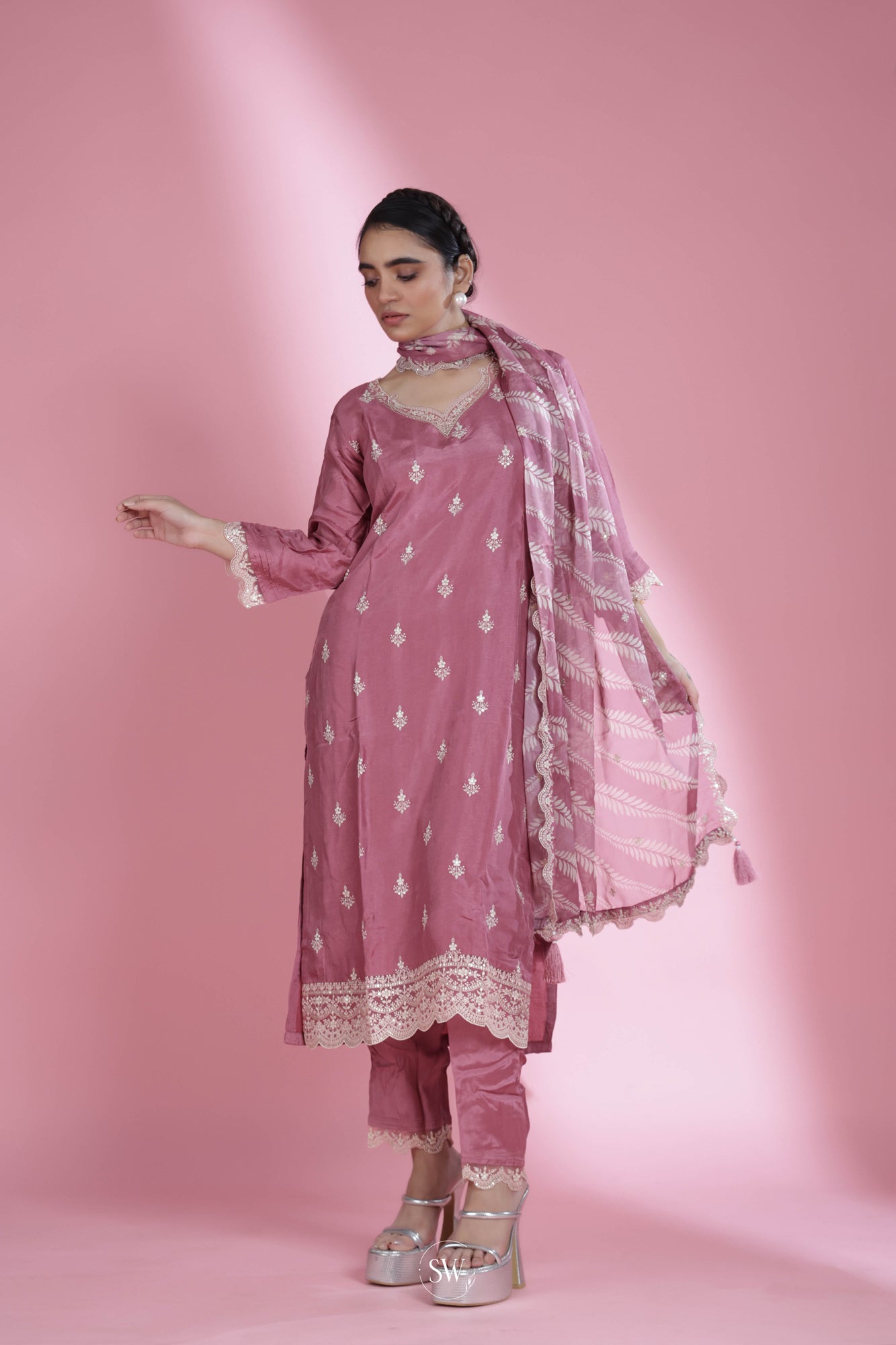 Fandango Pink Straight Suit Set With Hand Embroidery