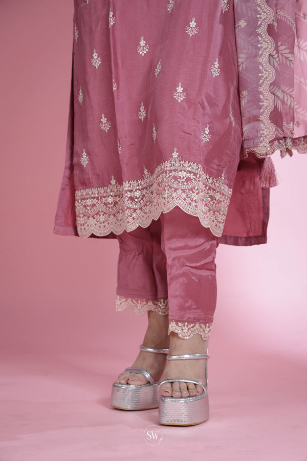 Fandango Pink Straight Suit Set With Hand Embroidery