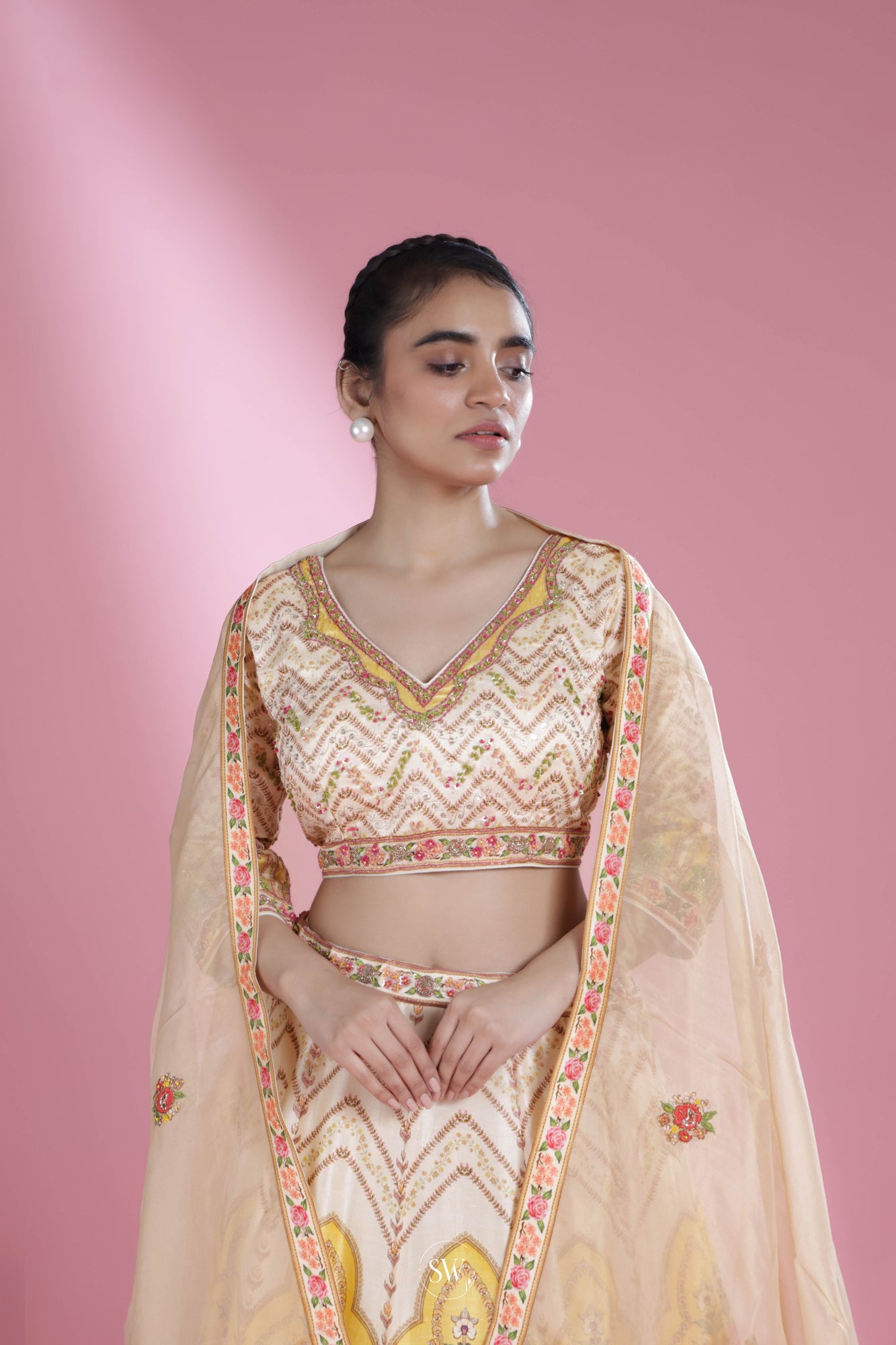 Pale Yellow Lehenga Set With Hand Embroidery