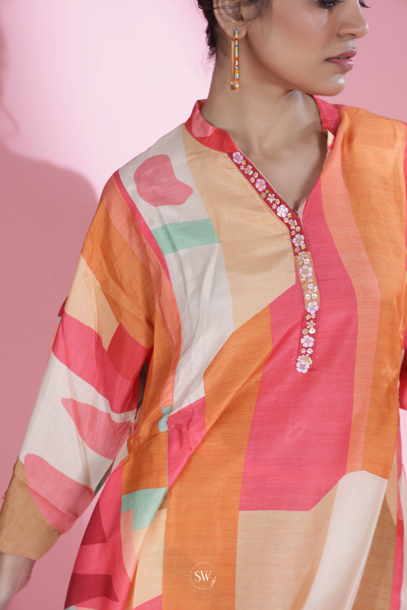 Orange Multicolour Top And Palazzo Set With Geometrical Pattern