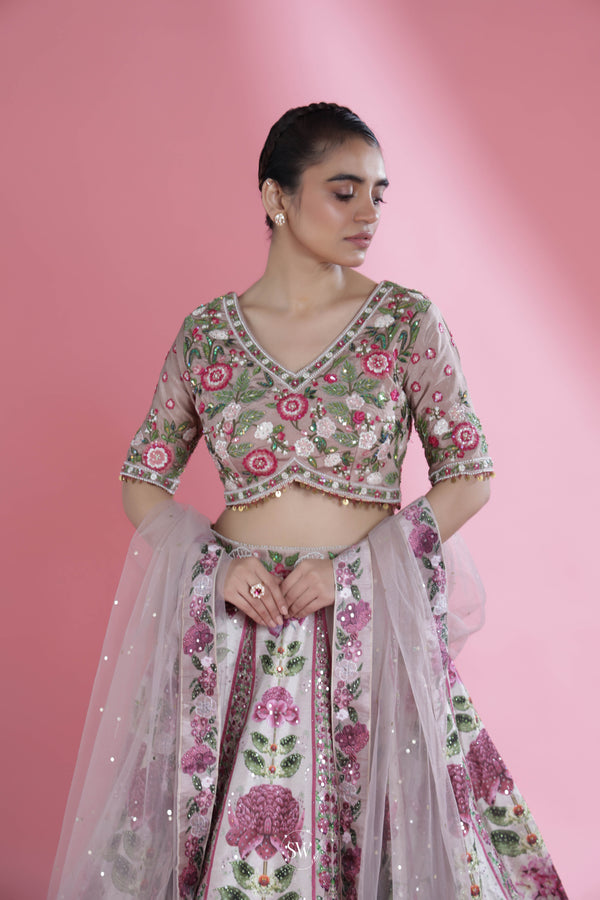 Natural White Floral Lehenga Set With Hand Embroidery