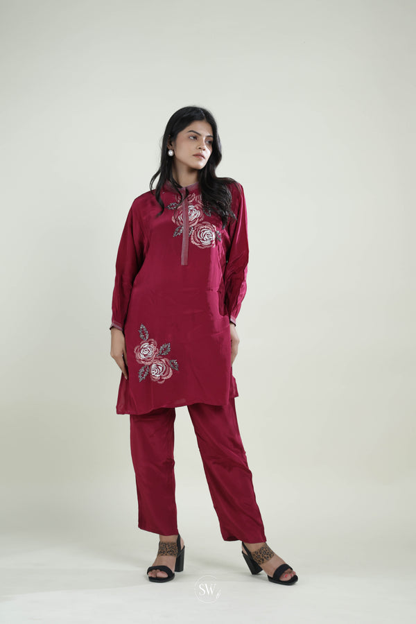 Hibiscus Red Top & Bottom Set With Hand Embroidery