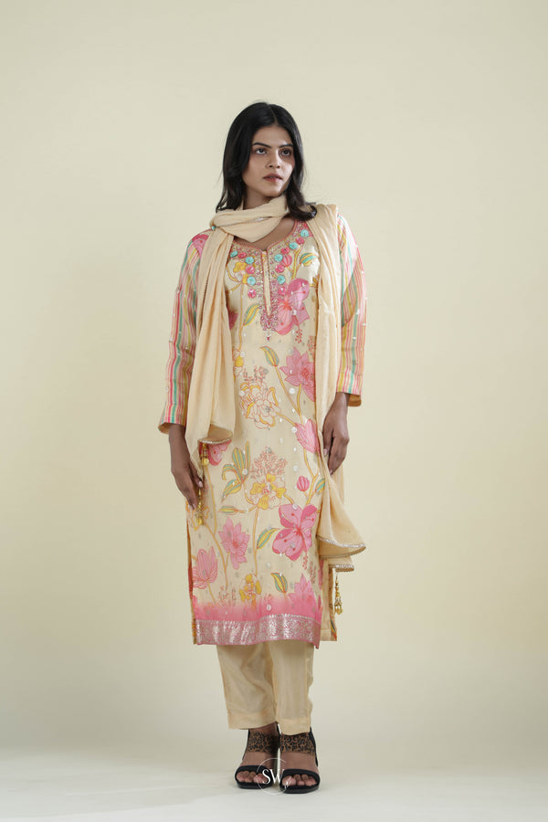 Dusty Yellow Printed Straight Suit Set With Floral Design