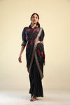 Jet Black Indo Western Fusion Dress With Floral Design