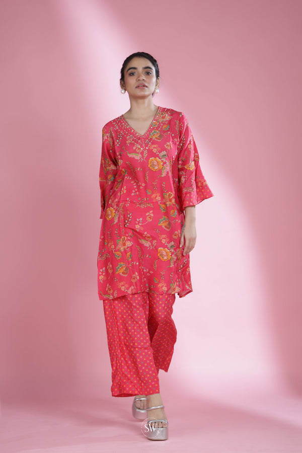 Imperial Red Printed Top And Bottom Set With Floral Pattern