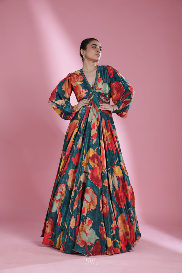 Midnight Green Printed Gown With Floral Designs