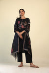 Retro Black Printed Straight Suit Set With Floral Design