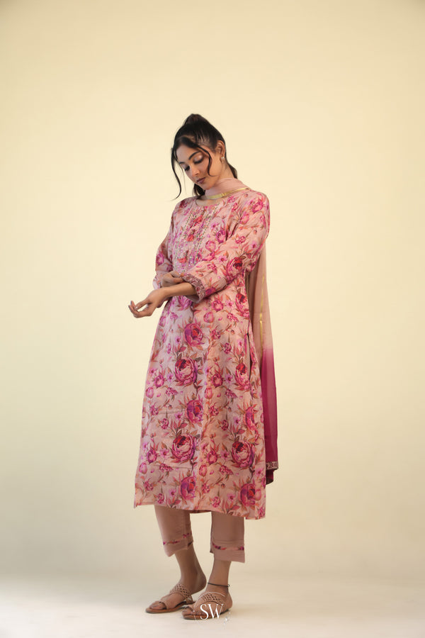 Oyster Pink Printed Straight Suit Set With Floral Design