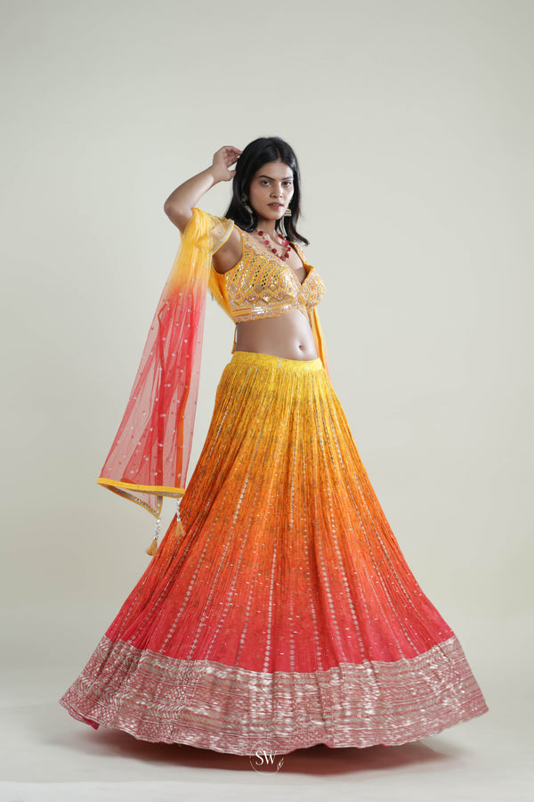 Yellow-Peach Ombre Lehenga Set With Hand Embroidery