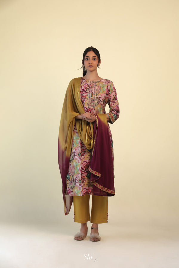 Ochre Yellow Printed Suit Set With Floral Design