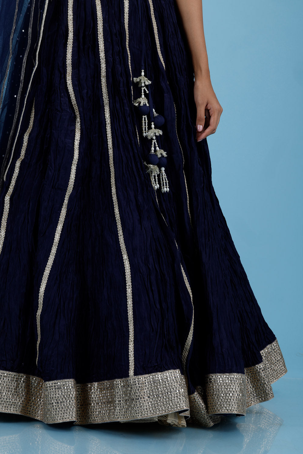 Dark Blue Silk Lehenga Set With Embroidered Blouse
