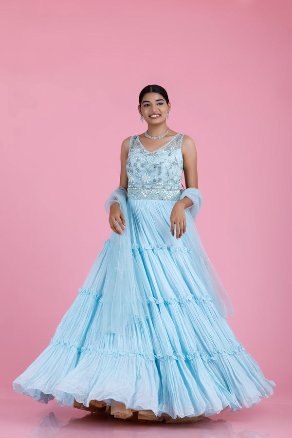 Pastel Blue Georgette Gown With Embroidery