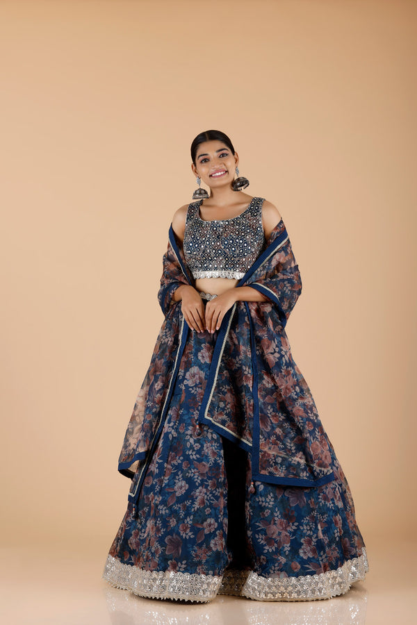 Blue Organza Printed Lehenga Set Organza With Embroidered Blouse