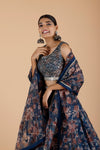 Blue Organza Printed Lehenga Set Organza With Embroidered Blouse
