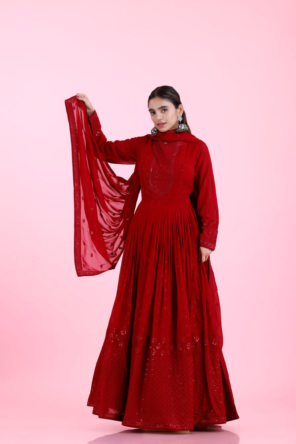 Deep Red Georgette Dress With Sequin Embroidery