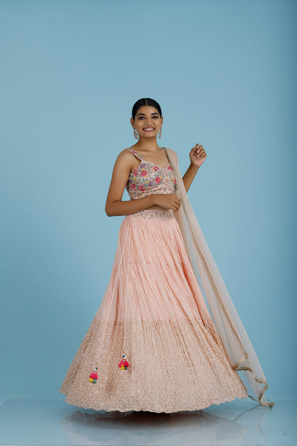 Pastel Pink Georgette Lehenga Set With Embroidery