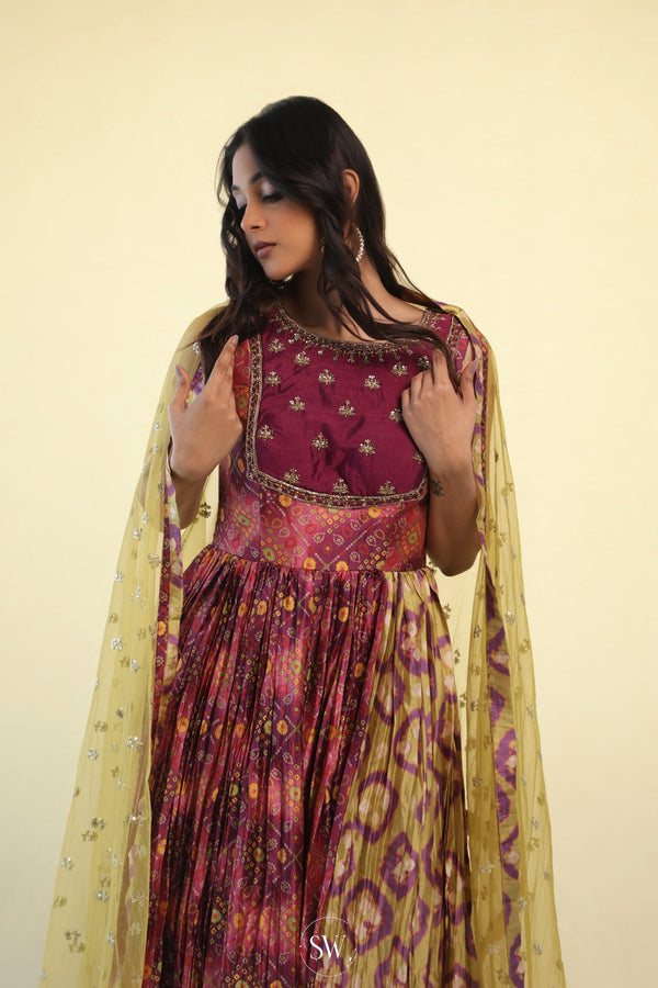 Hippie Pink Printed Long Gown With Hand Embroidery
